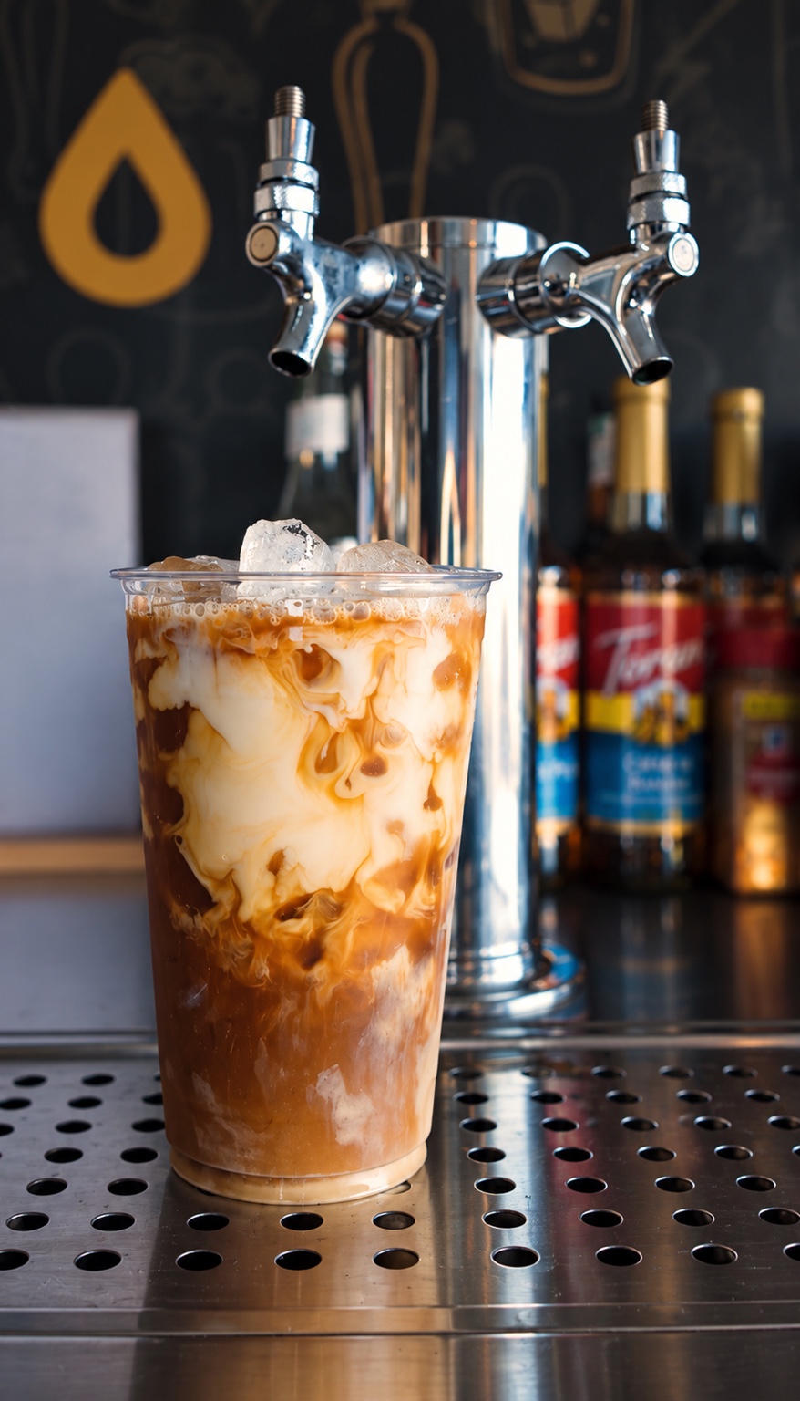 OnTap iced coffee with cream swirling beneath the chrome draft taps